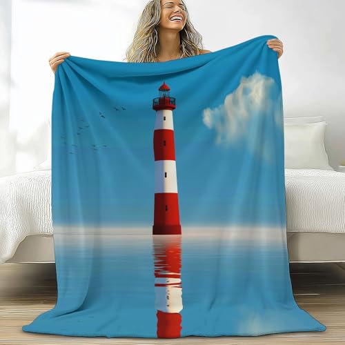 XCQHZYQ Kuscheldecke für Kinder Cartoon Meer Leuchtturm, Kuscheldecke Flauschig Sherpa Decke Blau Fleecedecke Wohndecke Weich Warm Sofadecke für Mädchen Jungen, 100x150 cm von XCQHZYQ