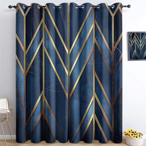XCQHZYQ Lichtundurchlässige Vorhänge 2er Set Geometrische Goldene Linien Blau H 280 x B 140 cm Verdunkelungsvorhang Ösen Gardinen Verdunkelung Schwere Vorhänge gegen Kälte Thermogardine von XCQHZYQ
