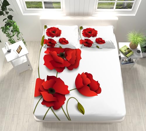 XCQHZYQ Matratzenschoner 180x200cm Rote Blume Spannbettlaken Atmungsaktive Matratzenbezug Matratzen-Schutz Weich Langlebig, Bett Laken Bezug mit 2 Kissenbezügen von XCQHZYQ