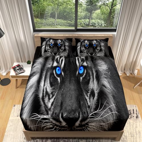 XCQHZYQ Matratzenschoner 180x200cm Weißer Tiger Spannbettlaken Atmungsaktive Matratzenbezug Matratzen-Schutz Weich Langlebig, Bett Laken Bezug mit 2 Kissenbezügen von XCQHZYQ