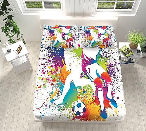 XCQHZYQ Spannbettlaken 140x200cm Doodle-Fußball Boxspringbett Topper Mikrofaser Weiches Spannbetttuch Bettlaken Leintuch, Matratzenhöhe bis 30 cm, Matratzenschoner von XCQHZYQ