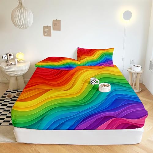 XCQHZYQ Spannbettlaken 160x200cm Regenbogen Wellige Textur Bunt Mikrofaser Spannbetttuch für Bett Atmungsaktive Hypoallergene Bettlaken Weich und Knitterfrei mit 2 Kissenbezügen 80x80cm XCQHZYQ Spannbettlaken 160x200cm Regenbogen Wellige Textur Bunt Mikrofaser Spannbetttuch für Bett Atmungsaktive Hypoallergene Bettlaken Weich und Knitterfrei mit 2 Kissenbezügen 80x80cm von XCQHZYQ