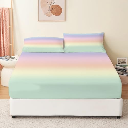 XCQHZYQ Spannbettlaken-Set Regenbogen Mit Farbverlauf Junge Spannbettlaken 140x200cm und 2 Kissenbezüge 80x80cm Kinder Mädchen Teenager Dekor Bettlaken-Set, Weiche Mikrofaser von XCQHZYQ