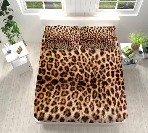 XCQHZYQ Spannbetttuch 180x200 cm Leopardenmuster Mikrofaser Spannbetttuch für Bett Atmungsaktive Hypoallergene Bettlaken Weich und Knitterfrei mit 2 Kissenbezügen 80x80cm von XCQHZYQ