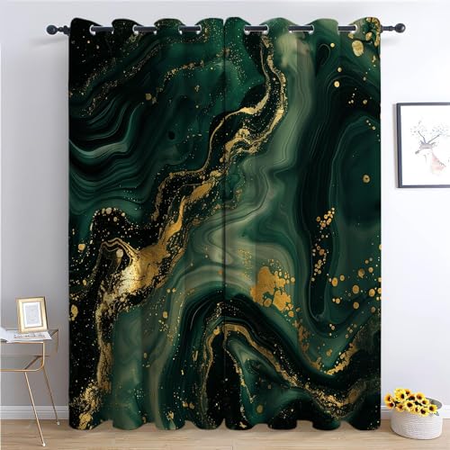 XCQHZYQ Verdunklungsvorhänge Gardinen mit Ösen Marmor Gold Dunkelgrün H 138 x B 117 cm 2er Set Blickdicht Vorhänge Weiche Schiebevorhänge für Schlafzimmer Wohnzimmer von XCQHZYQ