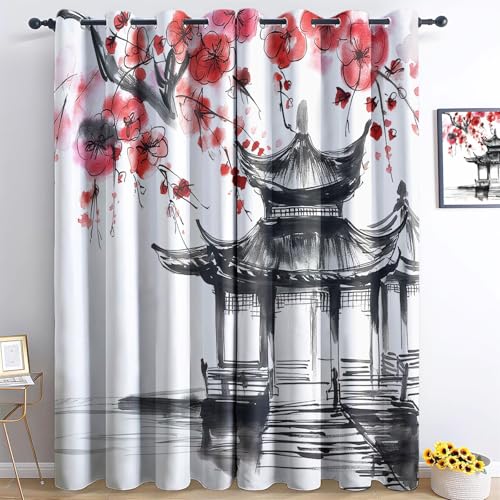 XCQHZYQ Vorhänge Chinesische Tuschemalerei Pavillon Kirschblüten, Gardinen Blickdicht Verdunklungsvorhänge Thermovorhang, Gardinen Kinder Wohnzimmer Schlafzimmer Fenster, 2er Set, H 260 x B 140 cm von XCQHZYQ