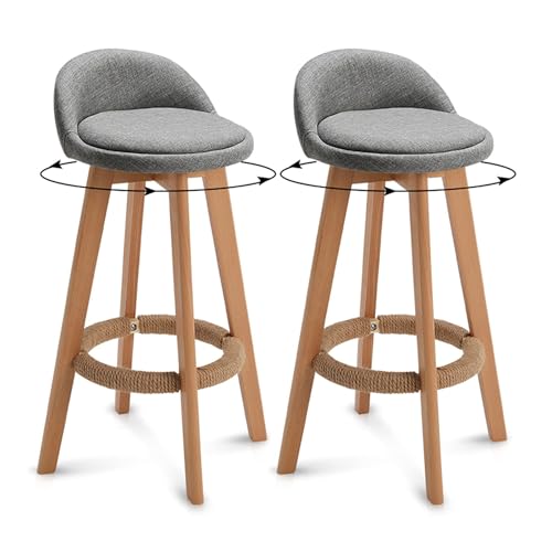 XCRFKGW 2er-Set graue Barhocker, Barstühle für die Küchentheke mit gepolstertem Stoffsitz, Beine aus Massivholz, 360° drehbare Barhocker, hohe Esszimmerhocker von XCRFKGW