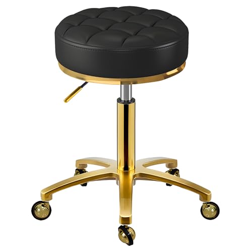XCRFKGW Rollhocker Gold Hocker mit Rollen, Rund Drehhocker Höhenverstellbar 43-55 cm, Komfort PU Leder Bürohocker Arbeitshocker Belastbar bis 150kg, Schminkhocker für Massage Salon Spa (Schwarz) von XCRFKGW