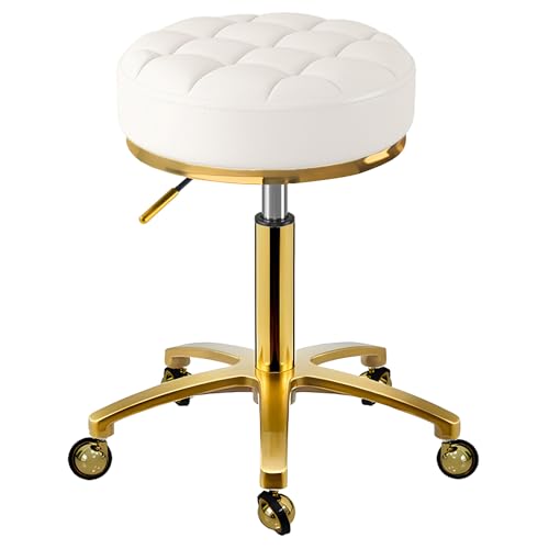 XCRFKGW Rollhocker Gold Hocker mit Rollen, Rund Drehhocker Höhenverstellbar 43-55 cm, Komfort PU Leder Bürohocker Arbeitshocker Belastbar bis 150kg, Schminkhocker für Massage Salon Spa (Weiß) von XCRFKGW