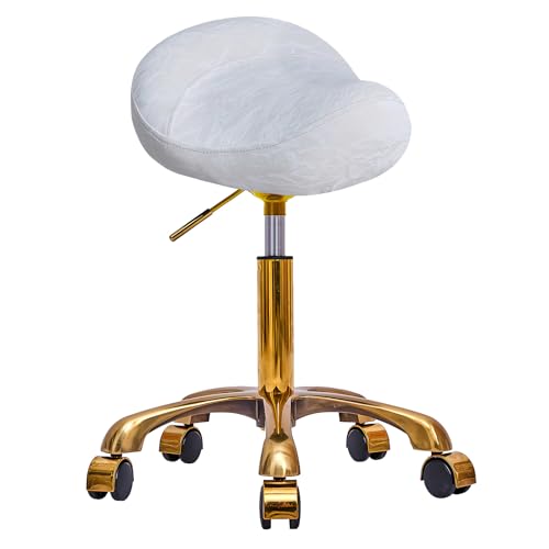 XCRFKGW Sattelhocker Gold Hocker mit Rollen, Rollhocker Höhenverstellbar, PU Leder Komfort Drehhocker, Salon Spa Kosmetik Stuhl, Sattelstuhl Ergonomisch 400lb (Weiß, ohne Rückenlehne) von XCRFKGW