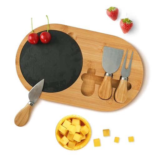 Käsebrett Holz Käseplatten Käsebretter Servierbrett Charcuterie Platte Cheese Board mit 3 Käsemesser, Schieferplatte für Weincracker, Brie und Fleisch, Bambusheber, Einzugsgeschenk von XCRPRT