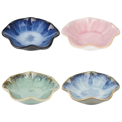 XCRPRT Keramik Dipschalen im Japanisch, 4 Stück Dipschälchen Steinzeug,Dipschalen Blume Form Saucenschalen für Sushi, Saucen, Snack,Öl und Soja sauce(11 cm) von XCRPRT