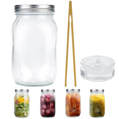 XCRPRT Mason Jar Mit Deckeln 1L Fermentier Klargläser Mit Holzklammer,Gewichten Mit Fermentiergewichte Und Schraubdeckel Gärglas Mason Jars Von Kimchi Sauerkraut Container Mehrzweck Vorratsgläser von XCRPRT