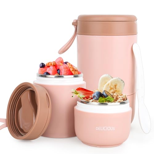 XCRPRT MüSlibecher to go, 730ml Joghurtbecher to go, Thermobecher Doppelschicht Auslaufsicherer, MüSlibecher mit Löffel, Edelstahl Porridge Becher, Thermo Lunchbox für Arbeit Picknick(Rosa) von XCRPRT