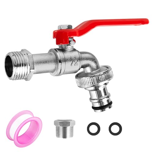 XCRPRT Universal Wasserhahn Garten 1/2 Zoll & 3/4 Zoll, Gartenwasserhahn Frostsicher Auslaufhahn mit 2 Gratis Schlauchanschlüsse + 1Rollendichtband für Garten Wasserhahn Auslaufhahn Regentonne(Rot) von XCRPRT