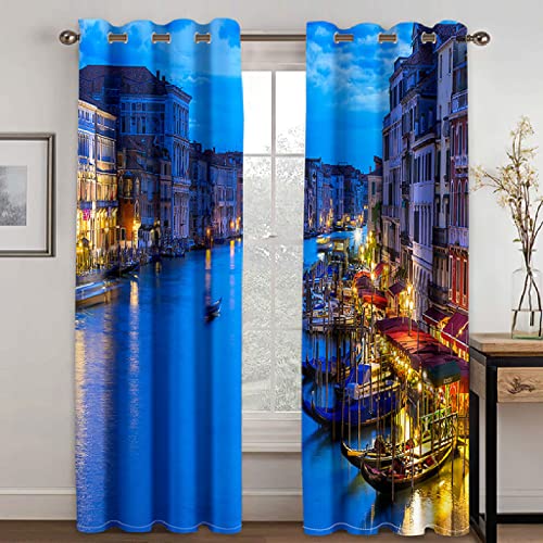 Stadt Venedig Landschaft Dekoration 3D Druck Schatten Vorhang Set Wasserdichtes Gewebe Waschbar Schlafzimmer Haken Zubehör,96×115Cm von XCSBZ