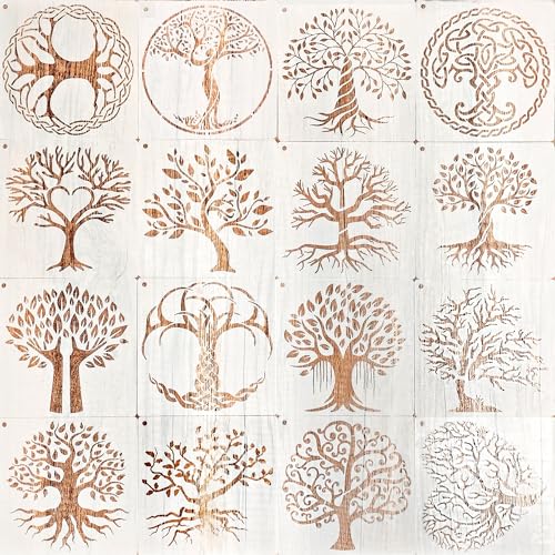 XCSJ 16 Pcs Baum des Lebens Schablone Baum Natürliche Schablonen Diy Tree Painting Stencils Baum Zeichnungsschablonen Wiederverwendbare Schablonenschablonen für Leinwand, Wanddekoration, Handwerk von XCSJ