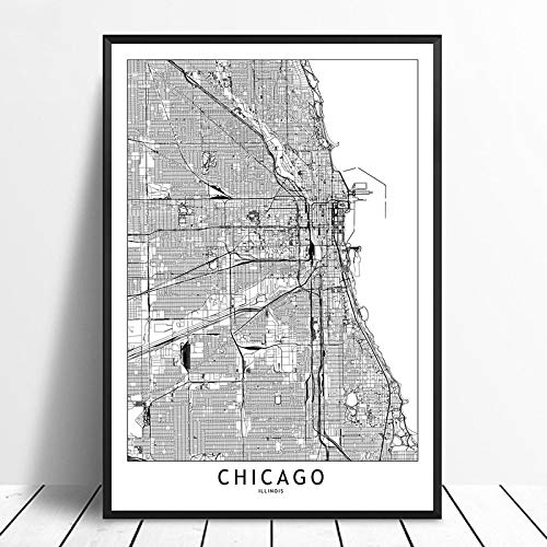 Leinwanddrucke Wanddekoration,Chicago Schwarz Weiß Benutzerdefinierte Weltstadt Karte Bilder Drucken Auf Leinwand Nordic Style Wandkunst Poster Wohnzimmer Wohnkultur Leinwand Gemälde Ungerahmt, 50X7 von XCSLH