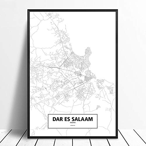 Leinwanddrucke Wanddekoration,Dar Es Salaam Schwarz Weiß Benutzerdefinierte Weltstadt Karte Bilder Druck Auf Leinwand Nordic Style Wandkunst Poster Wohnzimmer Home Decor Leinwand Gemälde Ungerahmt, von XCSLH