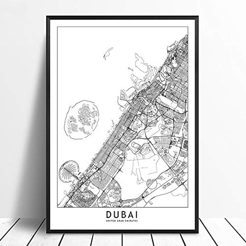 Leinwanddrucke Wanddekoration,Dubai Schwarz Weiß Benutzerdefinierte Weltstadt Karte Bilder Druck Auf Leinwand Nordic Style Wandkunst Poster Wohnzimmer Wohnkultur Leinwand Gemälde Ungerahmt, 50X70Cm von XCSLH