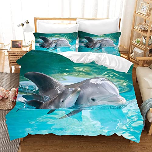 Bettwäsche 135x200 cm Delfin, Weiche Mikrofaser 3D Muster Bettbezug Eltern-Kind-Tiere für Kinder, mit Bettbezüge + 2 Kissenbezug 80x80 cm mit Reißverschluss von XCWDC