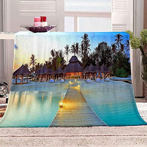 Kuscheldecke 130x150 Hütte Am Meer, Flanell Fleecedecke 3D Tropisch Weiche und Warme Decke, als Sofadecke Wohndecke Tagesdecke Wolldecken, für Kinder Erwachsene von XCWDC