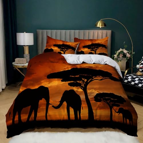 XCWYF Bettwäsche 135x200 cm Elefant bei Sonnenuntergang 3 teilig bettwäsche Set Microfaser Bettbezug Bed Cover und 2 Kissenbezug 80x80 cm mit Reißverschluss von XCWYF