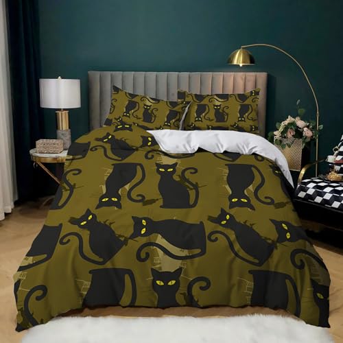 XCWYF Bettwäsche 135x200 cm schwarzes Katzenmuster 3 teilig bettwäsche Set Microfaser Bettbezug Bed Cover und 2 Kissenbezug 80x80 cm mit Reißverschluss von XCWYF