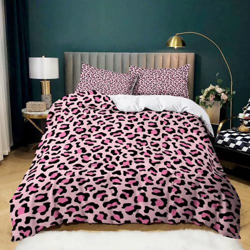 XCWYF Bettwäsche 155x220 cm Rosa Leopardenmuster Weiche Angenehme Mikrofaser Bettbezüge Deckenbezug mit Reißverschluss und 2 Kissenbezüge 80x80cm von XCWYF