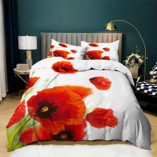 XCWYF Bettwäsche rote Blumen 180x200 cm 3 teilig bettwäsche Set Microfaser Bettbezug Bed Cover und 2 Kissenbezug 80x80 cm mit Reißverschluss von XCWYF