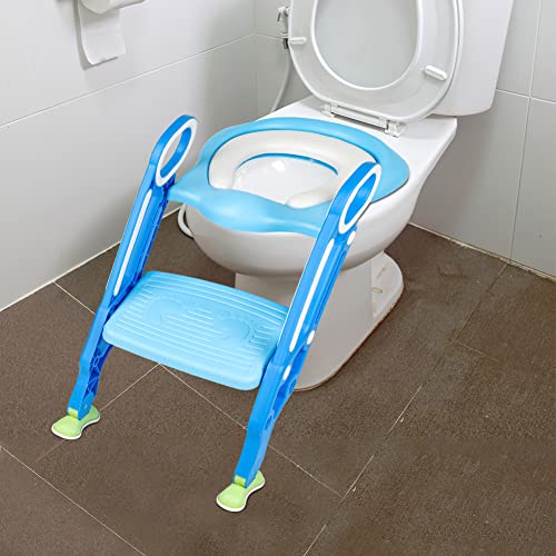 Faltbar Toilettensitz Kinder mit Treppe, Klappbarer Kindertoilette, Töpfchen mit Leiter &PU Gepolstert, Toilettenaufsatz für Kinder, Klositz für Kinder (Hellblau+Blau) von XDAILUYYDS