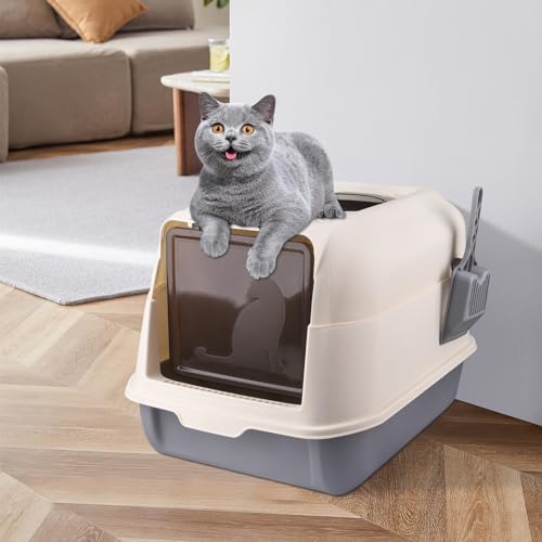 Katzenklo, Katzentoilette, Cat Litter Box, Geschlossene Katzentoilette, Katzenklo inklusive Schaufel, ausziehbares Tablett, Auslaufsicherer Boden (36 * 51 * 34cm grau) von XDAILUYYDS