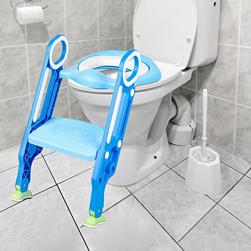 Toilettensitz für Kinder Mit Gepolstertem Sitz,Toilettensitz Toilettentrainer mit Treppe Stabilen Rutschfester Tritt,Höhenverstellbar Faltbarer Toilettenleiter für Kinder (Hellblau+Blau) von XDAILUYYDS