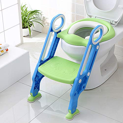 Toilettensitz kinder mit treppe, Faltbar Toilettentrainer Stabilen Rutschfesten, Kinder WC Sitz mit Griffe Höhenverstellbar,Klappbarer Töpfchentrainer Toiletten Mit einem PU Kissen. (Blau + Grün) von XDAILUYYDS