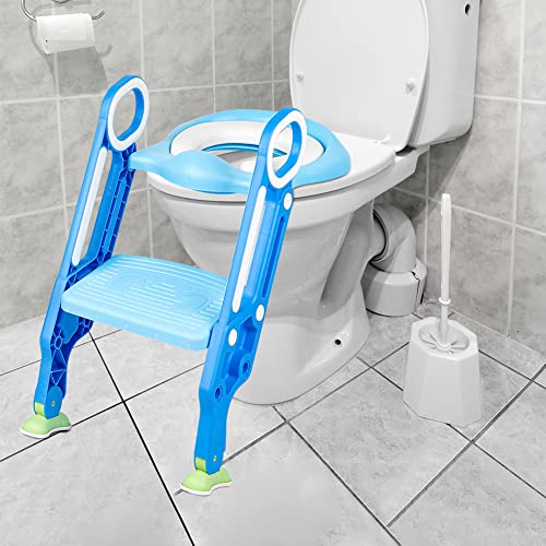 Toilettensitz kinder mit treppe, Faltbar Toilettentrainer Stabilen Rutschfesten, Kinder WC Sitz mit Griffe Höhenverstellbar,Klappbarer Töpfchentrainer Toiletten Mit einem PU Kissen. (Hellblau + Blau) von XDAILUYYDS