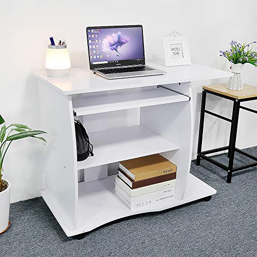 XDAILUYYDS Computertisch Schreibtisch klein auf Rollen, Laptoptisch mit Tastaturauszug und Regal, Bürotisch mit Bücherregal, Computertisch Klein PC-Tisch Officetisch 90 * 50 * 75cm (weiß) von XDAILUYYDS