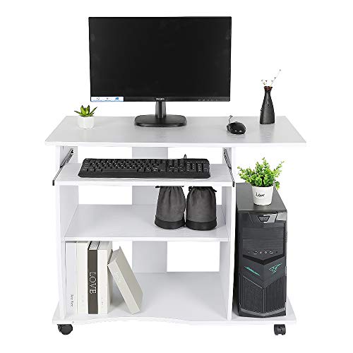 XDAILUYYDS Computertisch mit Rollen, Mobiler Schreibtisch mit leichtgängiger Tastaturauszug, PC Tisch Moderner Einfacher Platzsparend (Weiß) von XDAILUYYDS