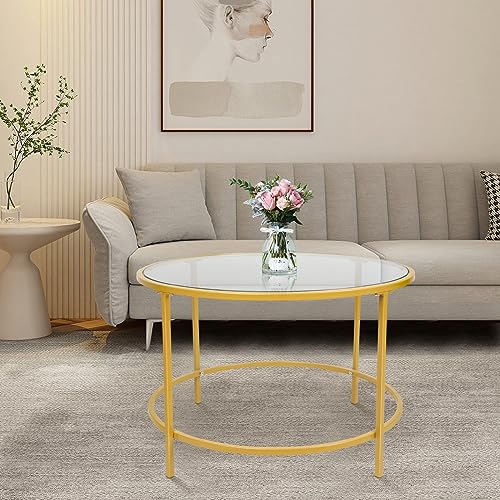 XDAILUYYDS Couchtisch Glas, Glastisch Wohnzimmer Round mit Metallbeine, Wohnzimmertisch Modernes Design aus Glas und Metall, 70 * 70 * 45.5cm (Transparentes Glas+Gold) von XDAILUYYDS