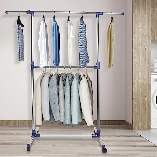 XDAILUYYDS Kleiderständer, Kleiderstange auf Rollen, Ausziehbarer Kleiderstangen, Garderobenstange mit verstellbarer Höhe und Breite. (85-150 * 50 * 85-160cm blau) von XDAILUYYDS