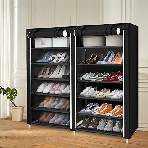 XDAILUYYDS Stoffschrank Schuhablage,Schuhschrank mit Klettverschluss Türvorhang,Kleiderschränke mit Reißverschlüssen Fächern，Kleiderschrank Schuhschrank 2-in-1,Platzsparender (schwarz) von XDAILUYYDS