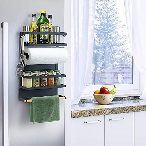 XDAILUYYDS magnetisches Hängeregal für Kühlschrank, 5 Etagen Kühlschrank Regal mit Haken und Rollenhalter, ohne Bohren Küche Gewürzregal, Maximale Belastung 30 kg (Schwarz) von XDAILUYYDS