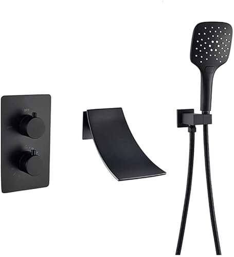 XDAWQP Badewannenarmaturen, Wandmontierter Messing-Wasserfall-Waschbecken-Badewannenhahn, Heiß Und Kalt, In Der Wand Verdecktes Duschmischventil Mit Handbrause, Luxur，Black(B) von XDAWQP