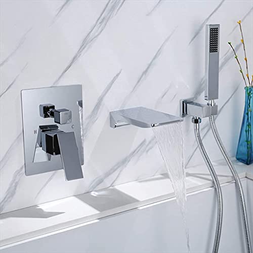 XDAWQP Badewannenarmaturen, Wandmontierter Messing-Wasserfall-Waschbecken-Badewannenhahn, Heiß Und Kalt, In Der Wand Verdecktes Duschmischventil Mit Handbrause, Luxur，Chrome von XDAWQP