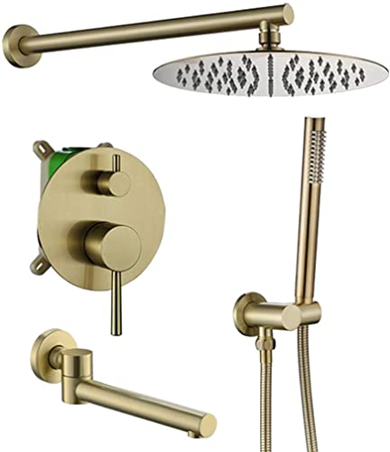 XDAWQP Dusche, Wandmontage, Gebürstetes Gold, Badezimmer-Regenmischer, Duscharmatur-Set Mit Rundem 8-12-Zoll-Regenbrausenkopf Aus Edelstahl Und Handbrause Und Wannenar，8 Inch von XDAWQP