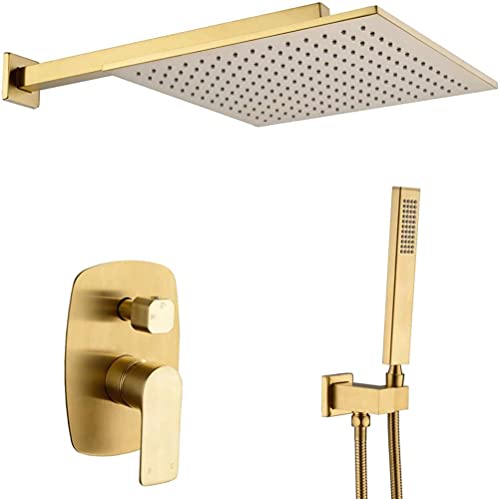 XDAWQP Duschsystem, Duschhahn 10-12 Zoll Messing Badezimmer Luxus Regenmischer Kombi-Set Wandmontiertes Regenduschkopfsystem, Duschset Aus Gebürstetem Gold， von XDAWQP