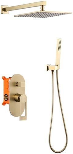 XDAWQP Duschsystem, Wandmontiertes Duscharmatur-Set Aus Gebürstetem Goldmessing Mit 8-12" Quadratischem Messing-Regenbrausenkopf Und Handbrause, Luxuriöses Duschset,10， von XDAWQP