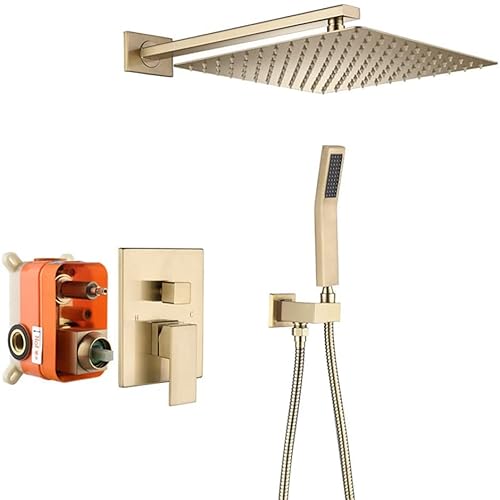 XDAWQP Duschsystem Verdeckt, Gebürstetes Goldmessing, Wandmontierter Zwei-Funktionen-Badezimmer-Duschmischbatterie, Mit 8-12" Quadratischem Regenduschen-Wasserhahnsyst，12 Inch von XDAWQP