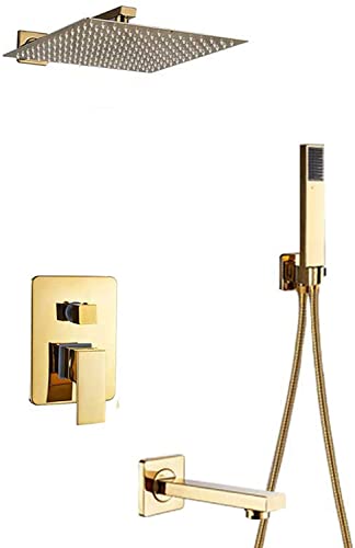 XDAWQP Duschsystem Verdecktes Duscharmatur-Set Wandmontiertes Dusch-Kombi-Set Mit Handbrause Und Regenduschkopf Fortschrittliche Lufteinspritztechnologie Messing Gold ，10 Inch von XDAWQP