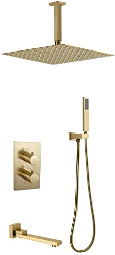 XDAWQP Duschsysteme, An Der Decke Montiertes Thermostatisches Duschset Aus Gebürstetem Gold Mit Regenmischer, Mit 10-12 Zoll Quadratischem Regenduschkopf Und Wannenarm，12 Inch von XDAWQP