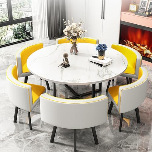 XDAWQP Modernes Büro-Empfangsraum-Clubtisch- und Stuhlset für kleine Konferenzverhandlungen oder Esszimmer, inklusive 6 Stühlen und Tisch，Leatheryellow von XDAWQP